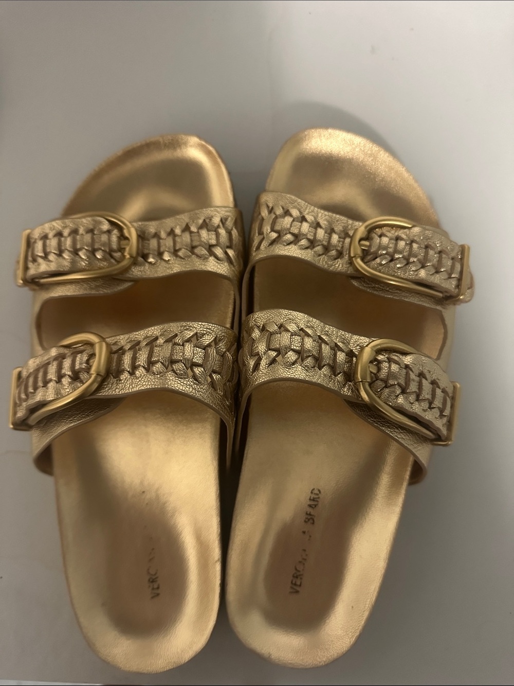 Veronica Beard Metallic Gold Braided Double-Strap Slide Sandals
